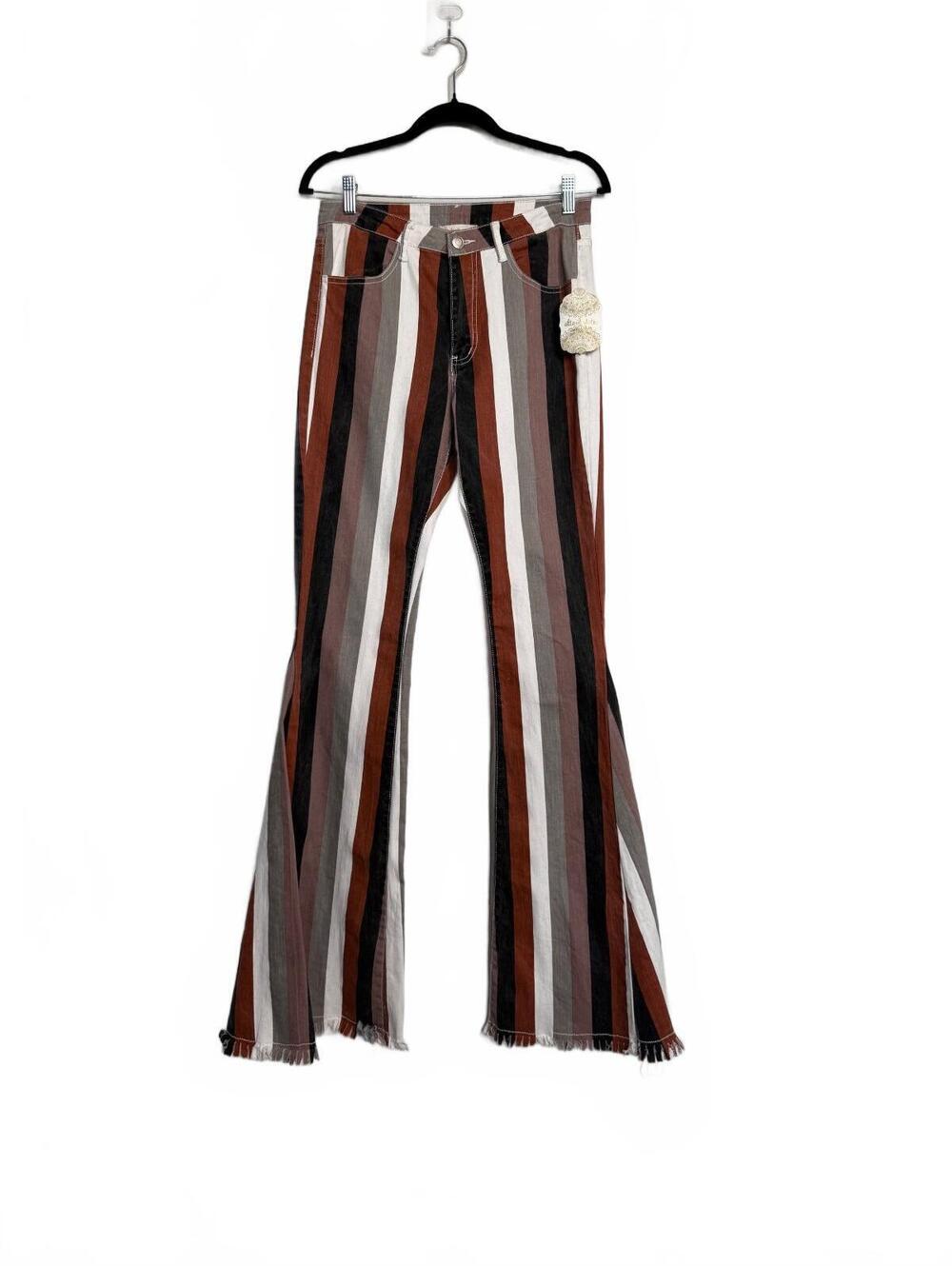 Indie sleaze high waist flareLeg stripe Jeans with Frayed Hem